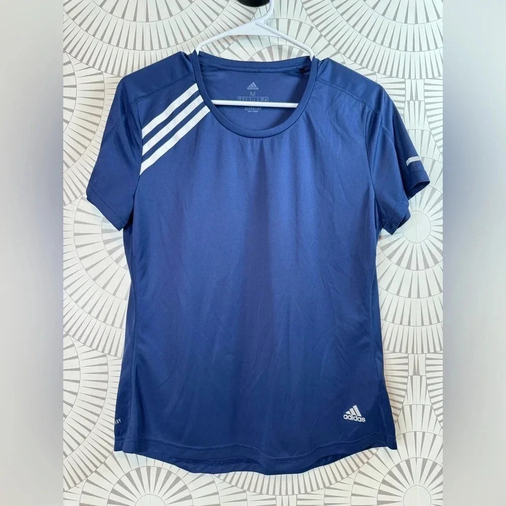 Adidas‎ Women’s Short Sleeve Shirt Aeroready Running Medium Blue White